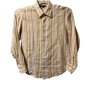 BRANDINI Mens Linen Striped‎ Button Down Shirt Large Beige Long Sleeve Casual